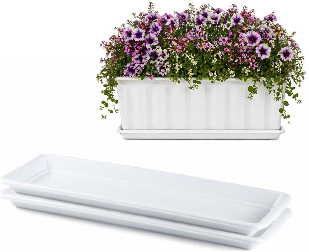 Plasticforte Plantenbak water onder opvangschaal - 2x - wit - rechthoek - 48 x 18 cm - Bloembakken