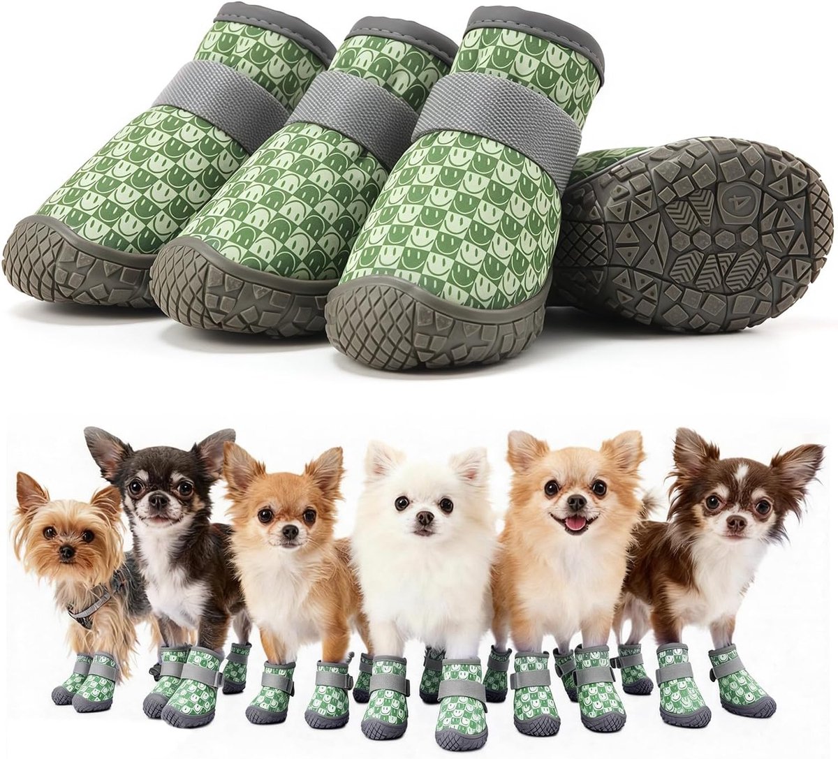 Set van 4 Groene Waterdichte Lichtgewicht Hondenschoenen, Antislip Hondenschoenen voor Gewonde Pootjes, Flexibele Pootbeschermers voor Kleine Honden tot 9kg (Pootlengte ≤4.8cm)
