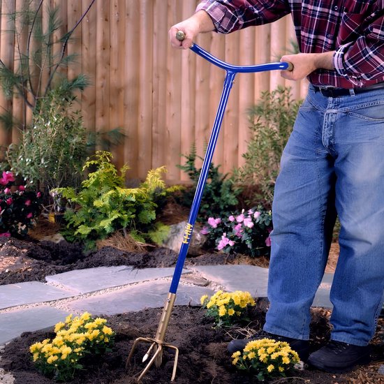 GardenClaw Tuinklauw GG921-06 - Woelvork voor het Losmaken en Beluchten van Grond - Cultivator met Ergonomische S-Handgreep - Grondwoeler Verstelbaar 97-106 cm - Blauw/Goud van Merkloos	 — afbeelding 3