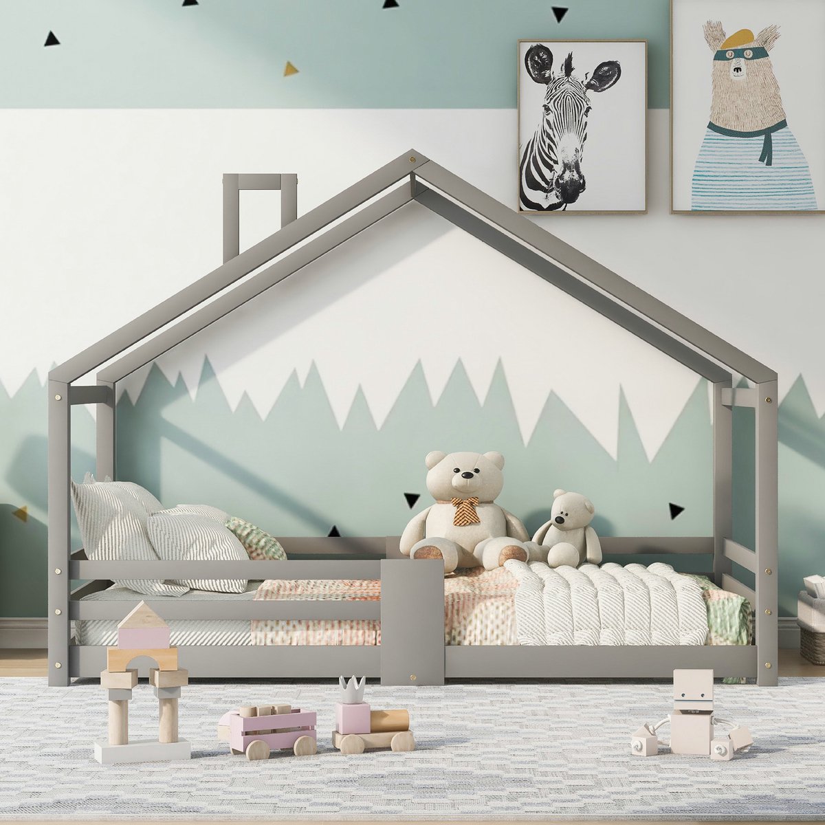 VVBV Huisbed 90x200 – Huisbed 90x200 – Kinderbed 90x200 – Grenenhout – Zonder Matras – Grijs – Lattenbodem – Massief Hout – Veiligheidshek