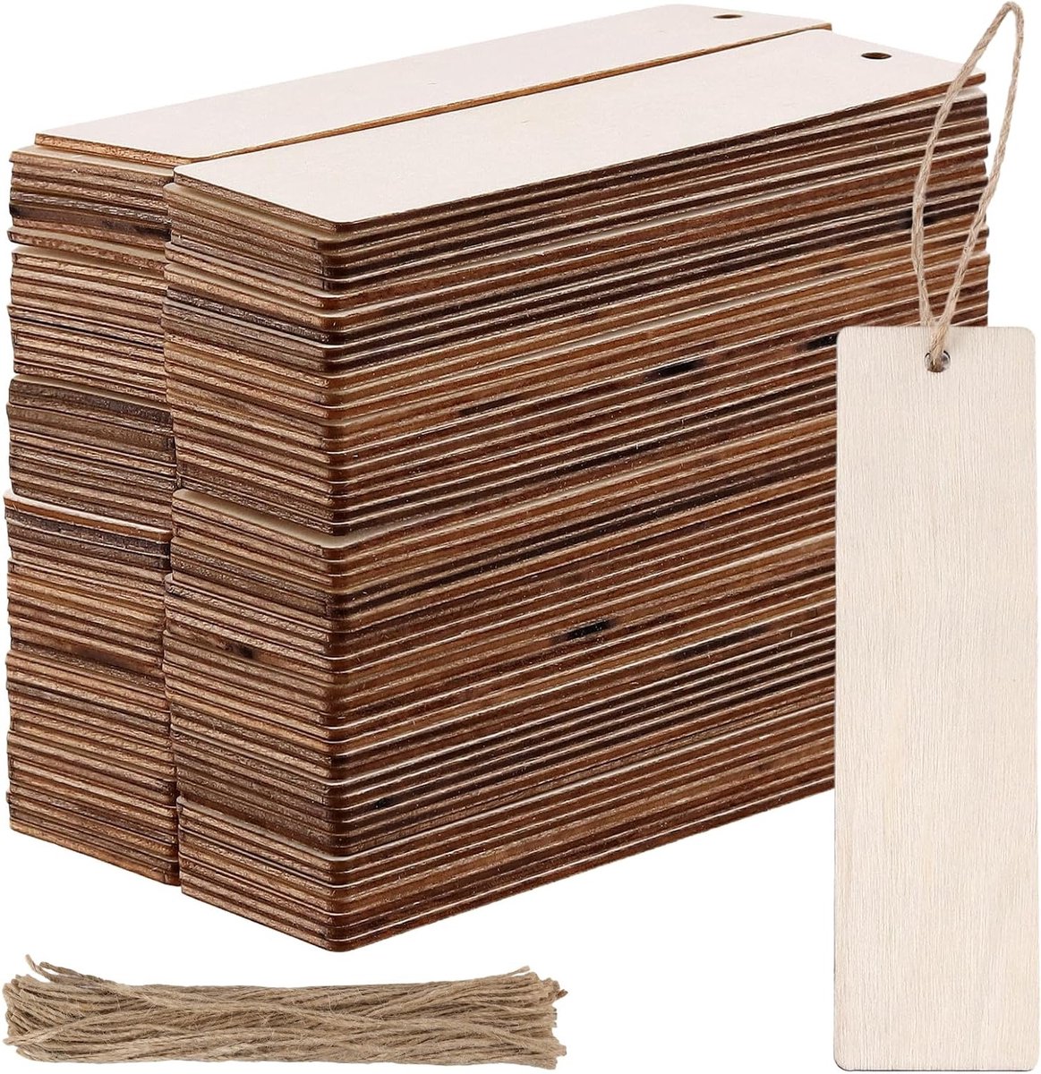 200 Stuks Lege Houten Boekenleggers, 12x3.2x0.3cm Rectangulaire Houten Knutsel Boekenleggers met Touw voor DIY Decoratie en Creatieve Projecten
