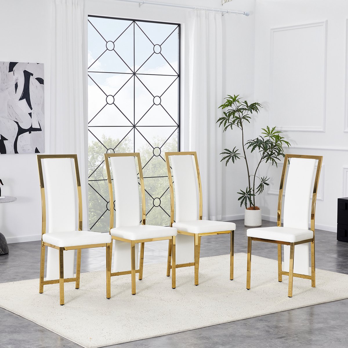 [Set van 4] Minimalistische Europese eetkamerstoelen met gouden accenten. Wit PU-leer + go