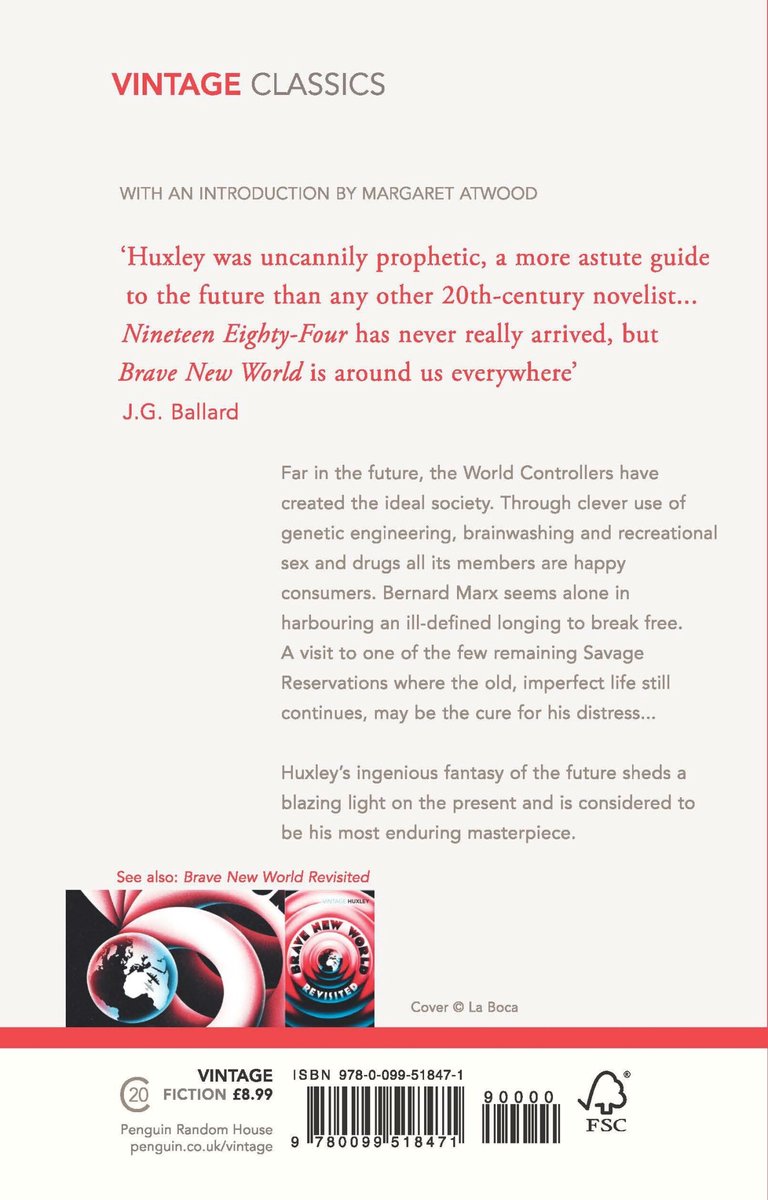 Boekomslag 'Brave New World' van Aldous Huxley, Vintage Classics editie, met een citaat van J.G. Ballard.