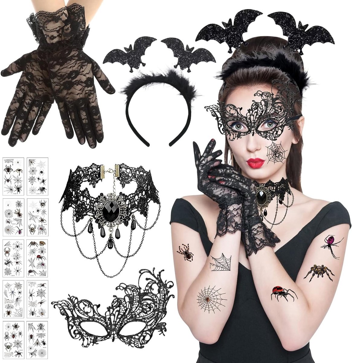 Halloween Kostuum Accessoires voor Vrouwen - Venetiaans Masker, Gothic Sieraden, Sexy Kanten Handschoenen en Hoofdband voor Carnaval en Verkleedpartijen