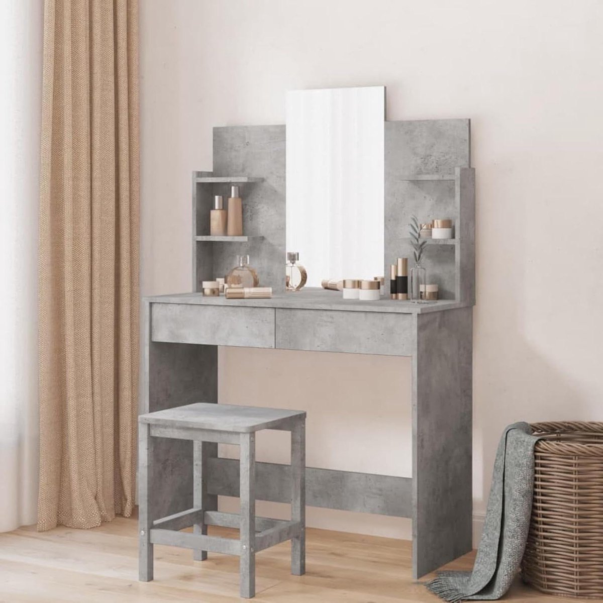 Kaptafel met Spiegel - Make-uptafel Kapset - Cosmetica Organiseren - Grote Opbergruimte - 96 x 39 x 142 cm - Cementgrijs