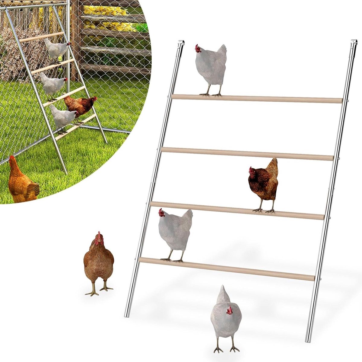 Kippenladder 4 treden - Zitstang kippenhok - Pluimvee training - Combinatie hout ijzer - 140 x 105 cm - Natuurlijk hout