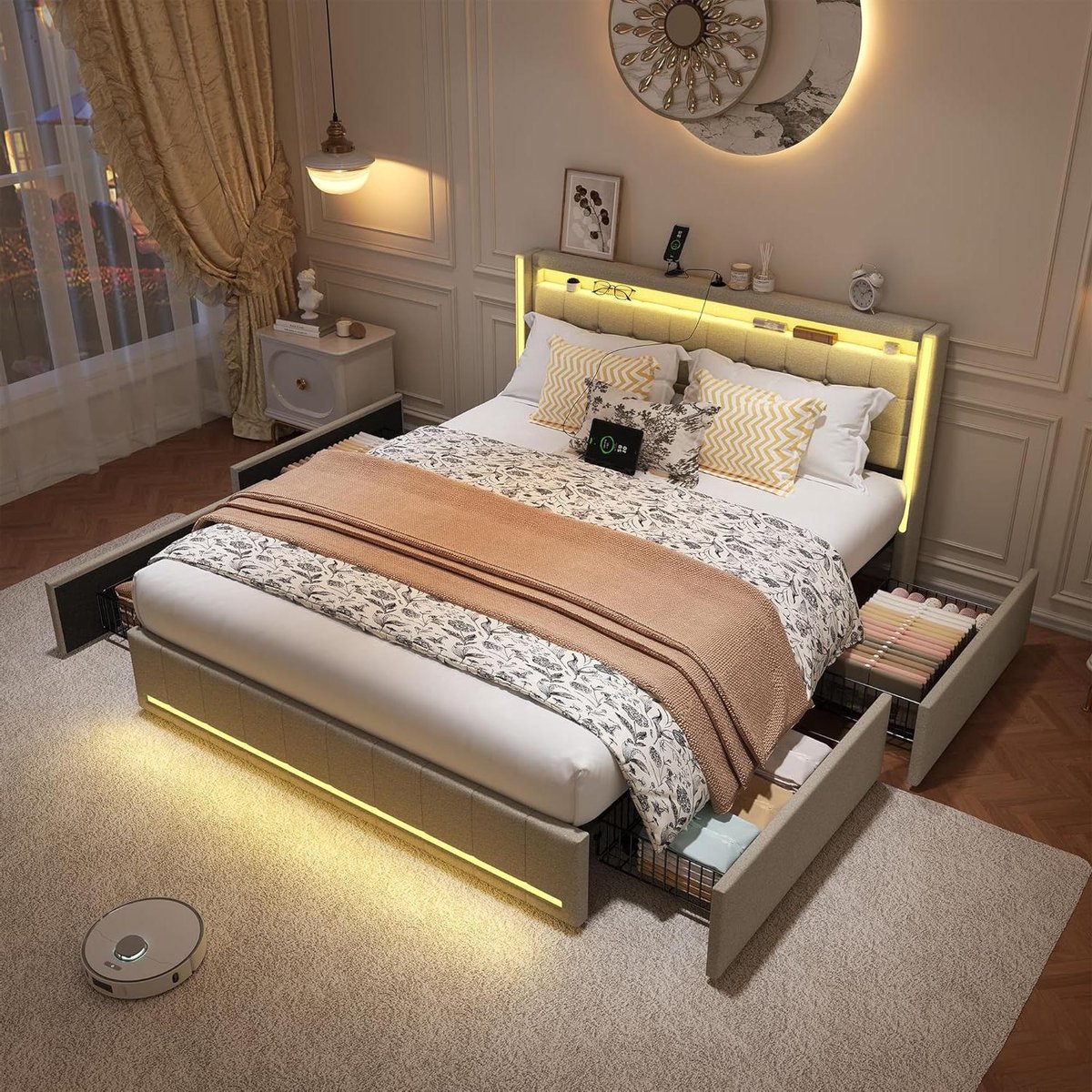 Gestoffeerd Tweepersoonsbed - Ladebed Opbergbed - Slaapkamer Organiseren - Met LED Verlichting - 140 x 200 cm - Beige