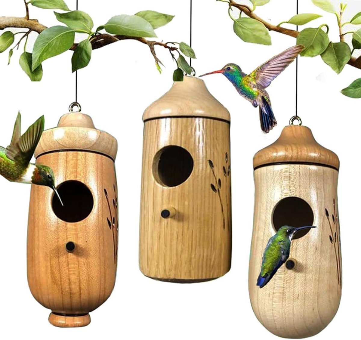 Kolibriehuis 3 stuks - Vogelhuisje nestkast - Vogels voeren - Natuurlijk beukenhout - 5 x 2 inch - Houtkleur