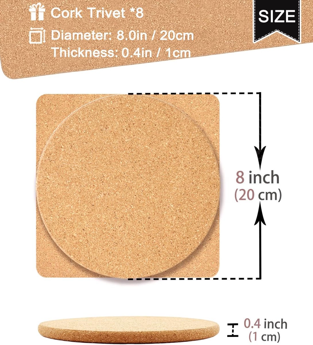 Kurken Onderzetters - Placemats Hot Pads - Bescherming Tafelblad - Hoge Dichtheid Kurk - 20 cm Diameter - Natuurlijk Kurk
