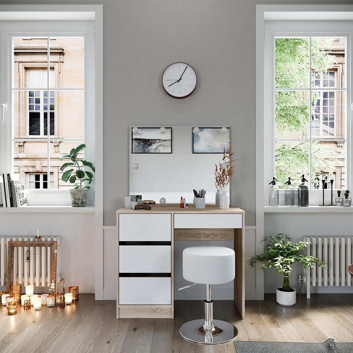 Kaptafel met Kruk - Make-up tafel Vanity set - Make-up aanbrengen - Inclusief LED spiegel - 90 cm breed