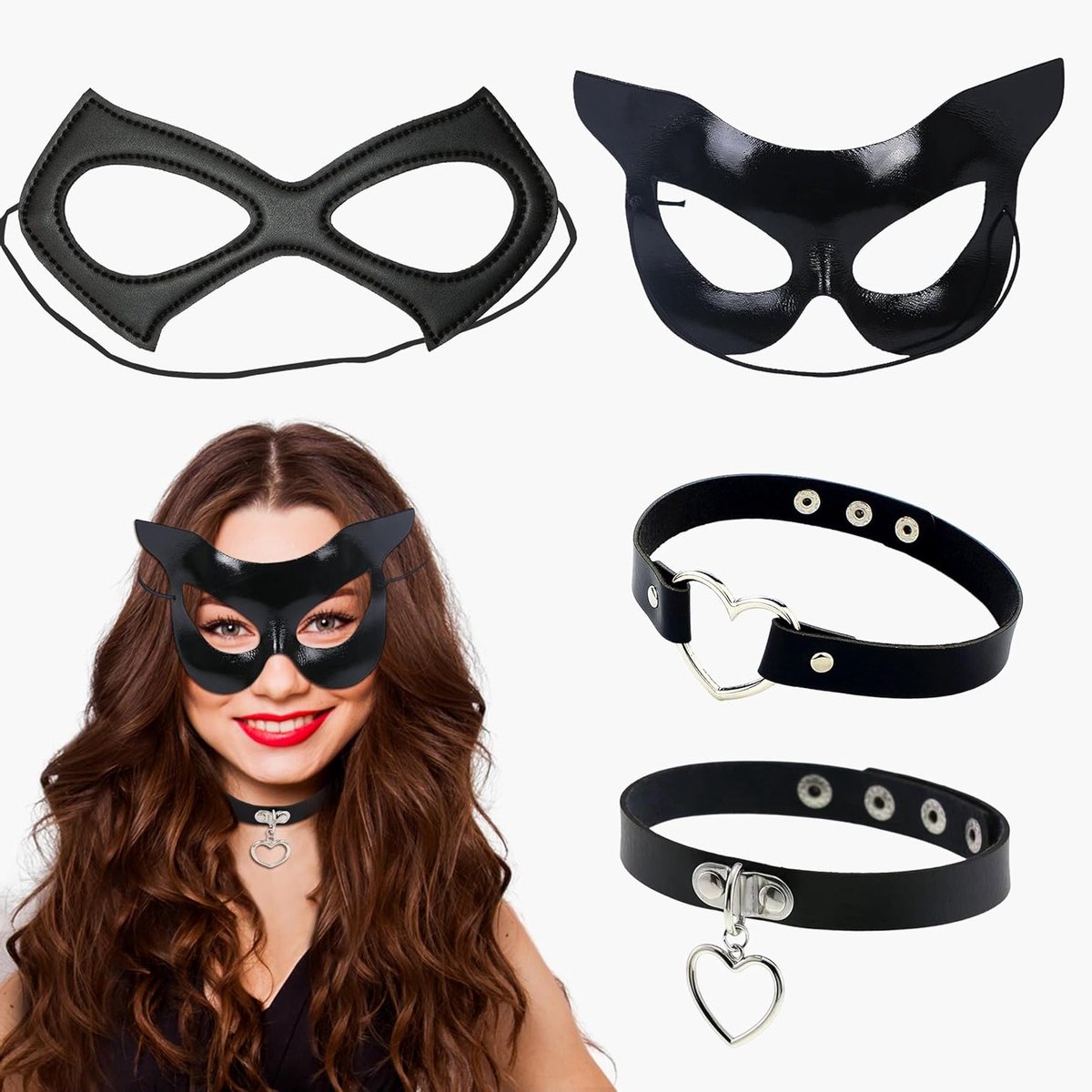 Set van 4 Stuks Zwart Kat Masker en Choker voor Vrouwen, Perfect voor Halloween, Carnaval en Cosplay Feestjes