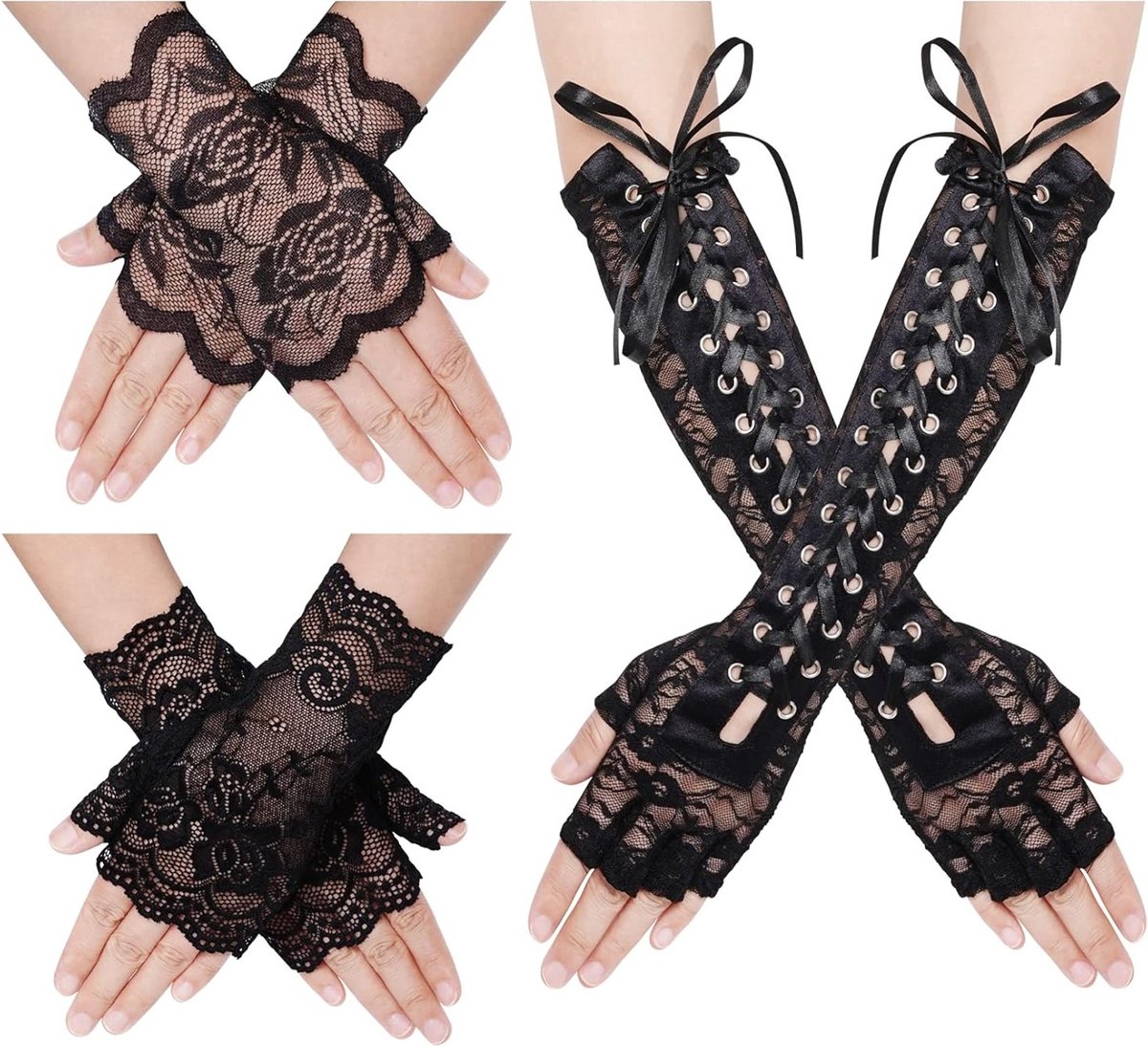 3 Paar Lange Vingerloze Handschoenen met Kanten voor Dames - Perfect voor Feestjes, Bruiloften en Cosplay Kostuums