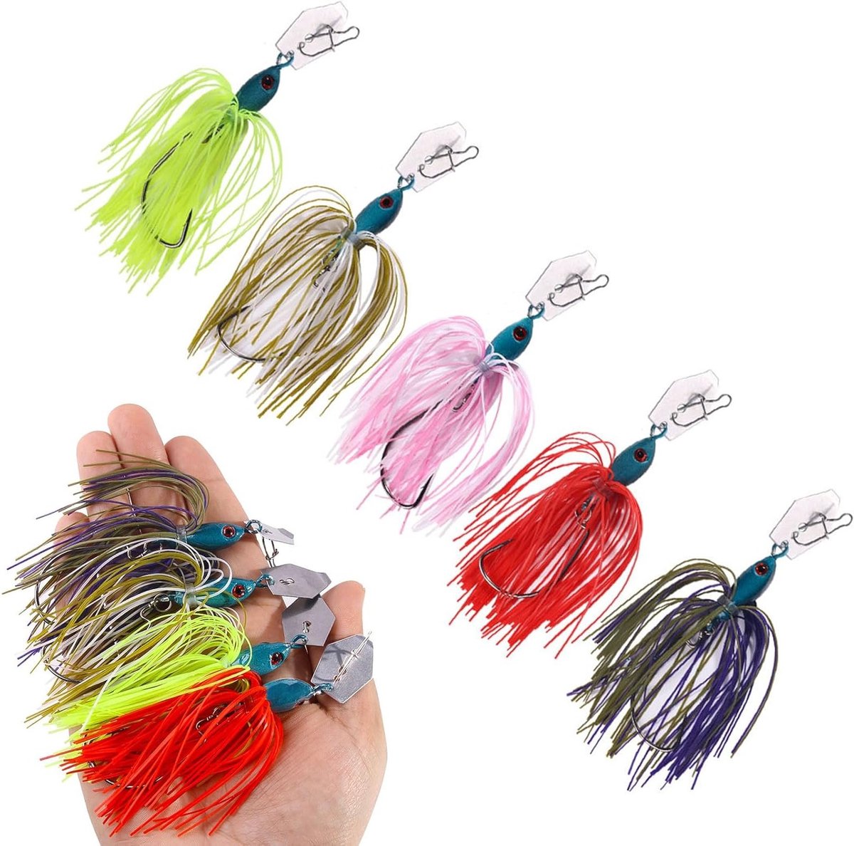 Set van 5 Multikleur Chatterbait Aas, Ideaal voor Snoek, Baars en Visserij met Spinnerbaits en Jigs