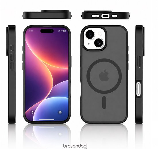 iPhone 15 met donkergrijs, doorschijnend hoesje en losse hoesjes aan alle kanten getoond.