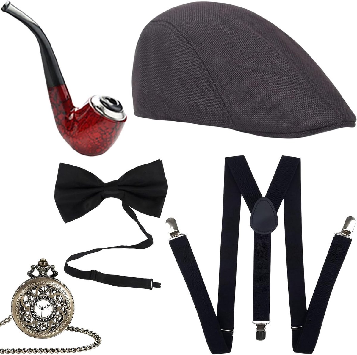 Accessoires voor mannen uit de jaren 20: Mafia kostuum met panamahoed, bretels, vlinderdas en zakhorloge voor feestelijke gelegenheden