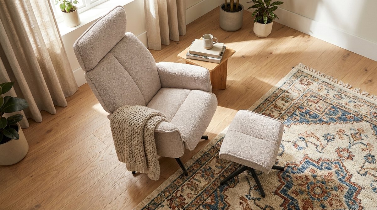 Relaxfauteuil met hocker - House&Garden Verdal Luxe Bouclé Relaxstoel incl. Voetenbank - Manueel Verstelbaar - Naturel Bouclé - Zwart Metaal - 77x79x109 cm