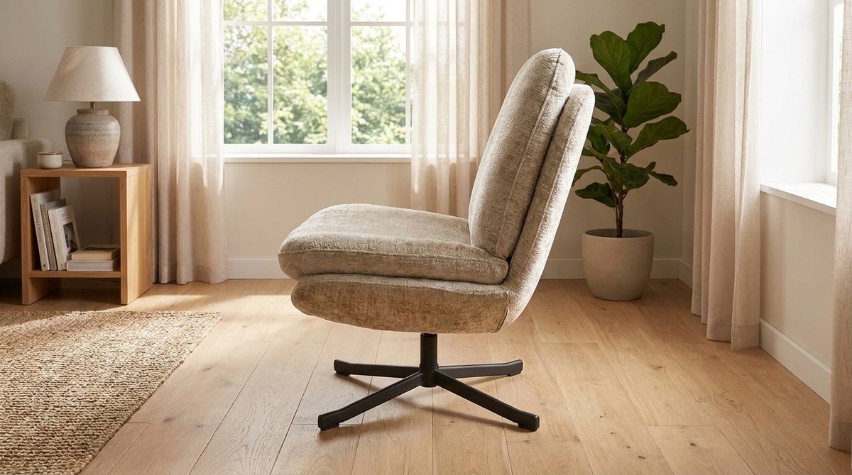 Draaifauteuil 360° Design Lounge Stoel 76x90x100 cm – Luxe Beige Elegance Fauteuil Ergonomisch met Zwart Metalen Onderstel – Comfortabele Moderne Relaxstoel Woonkamer – House&Garden Noel Prestige