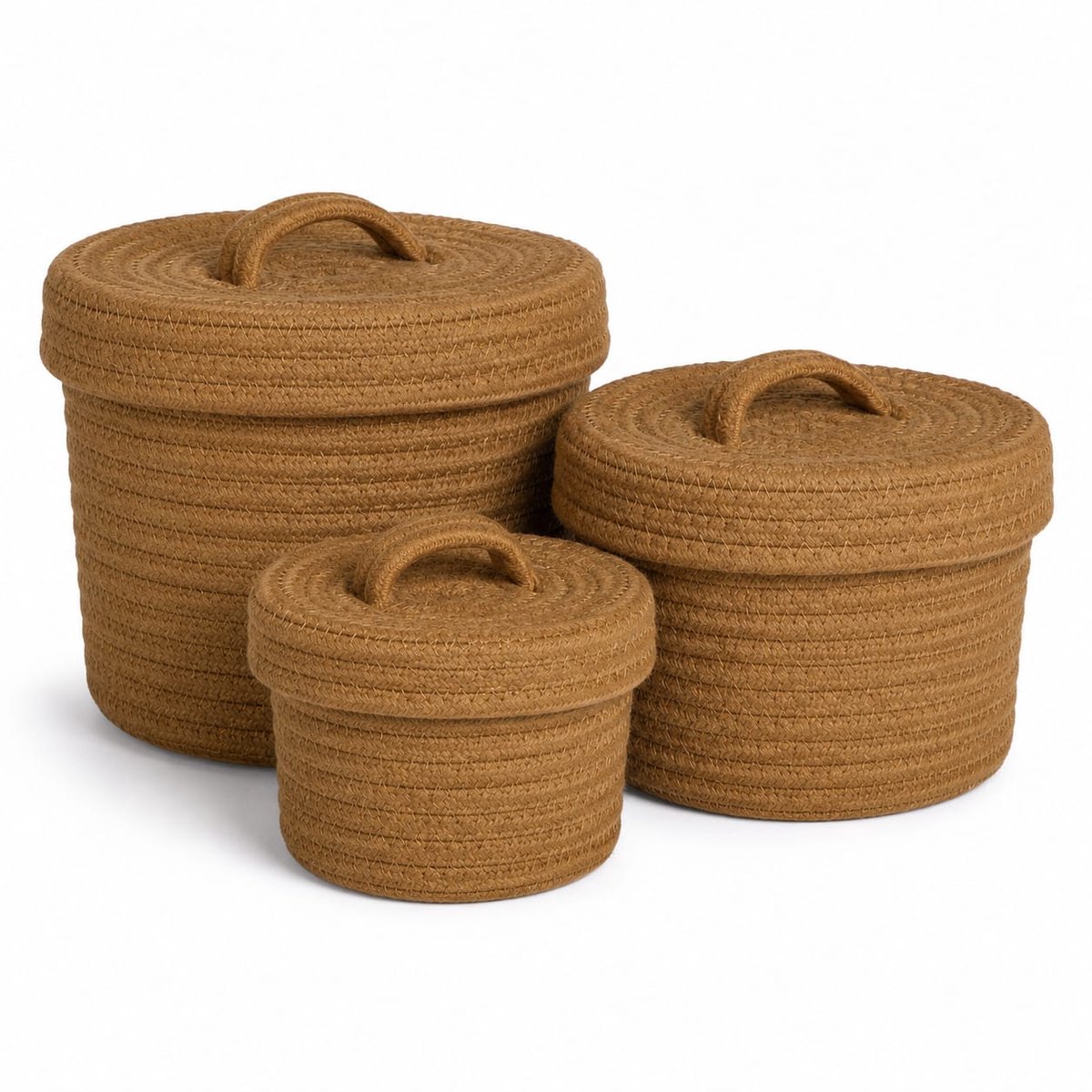 Opbergmand Set van 3 met Deksel – Katoen – 3 Maten – Decoratieve Mandenset – Geel/Naturel