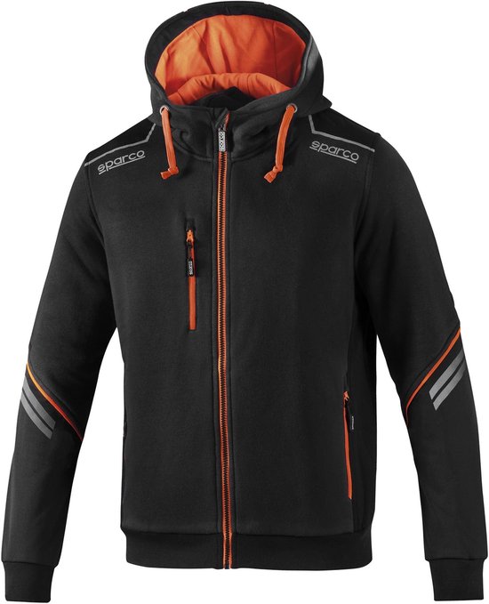 Zwarte hoodie met oranje ritsen, oranje capuchonvoering en oranje details op de mouwen.