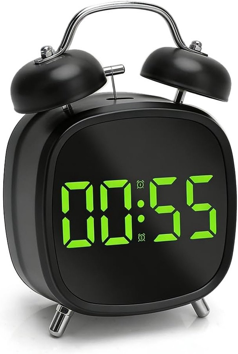 Retro Metalen Dubbele Klok met LED Weergave, Grote Cijfers, Kalender en Temperatuur, Ideaal voor Diepe Slapers en Kinderen, Volwassenen en Senioren