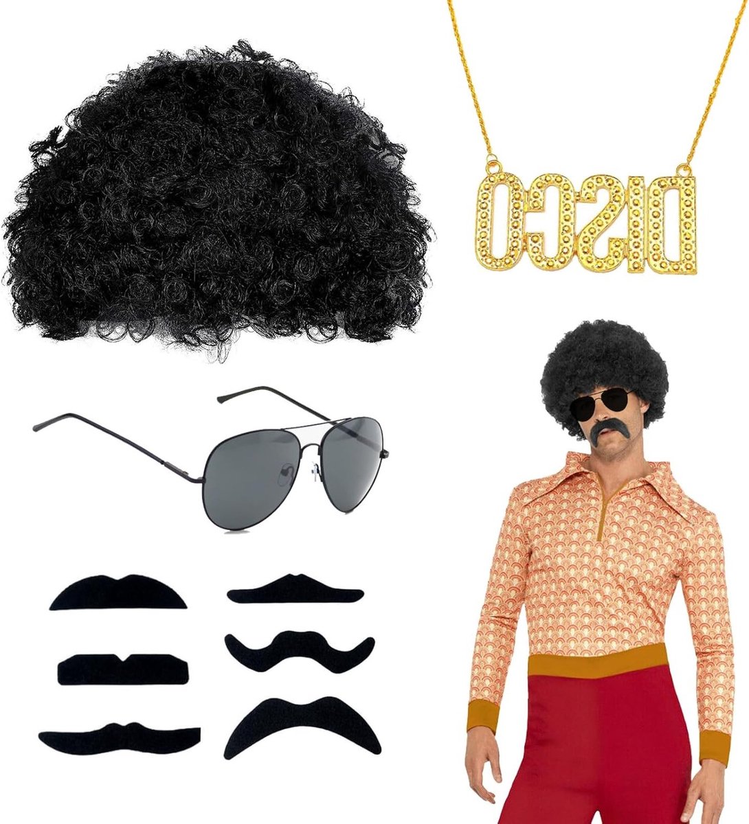 70s Hippie Kostuum Set voor Mannen met 9 Stukken, Inclusief Perücke en Accessoires voor Halloween en Feestjes, Retro Afro Cosplay Outfit