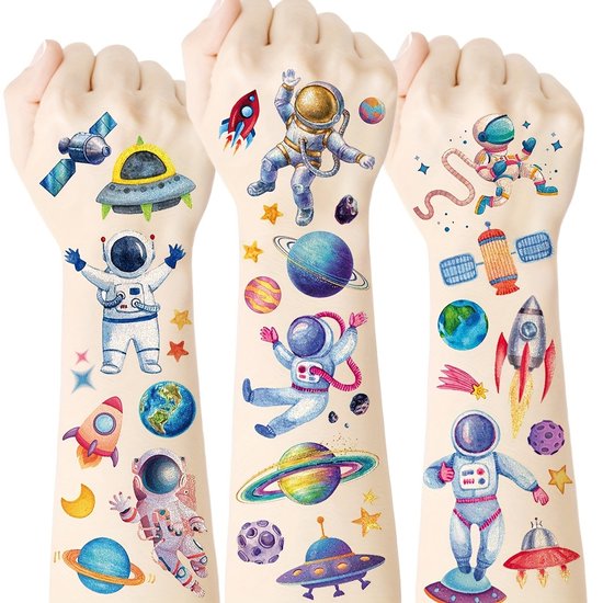 12 Vellen Glitter Ruimte Tijdelijke Tattoos – Tattoo Stickers Astronaut, Ster & Maan Body Art Stickers – Waterdichte Kindertattoos voor Space Verjaardagsfeest
