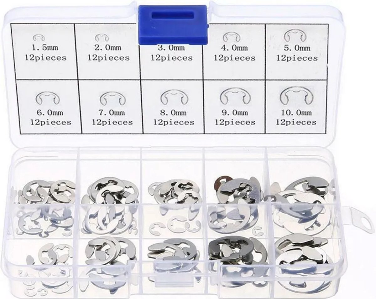 Set van 120 borgringen van roestvrij staal type 304, type E, in de maten 1,5 mm tot 10 mm.