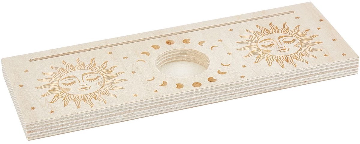 Dailygoody - Tarotkaartenstandaard - Houten kaarsenhouder - Decoratie voor heksenwaarzeggerij - Maanfase en zon - Altaarstandaard - 24 x 8,5 cm