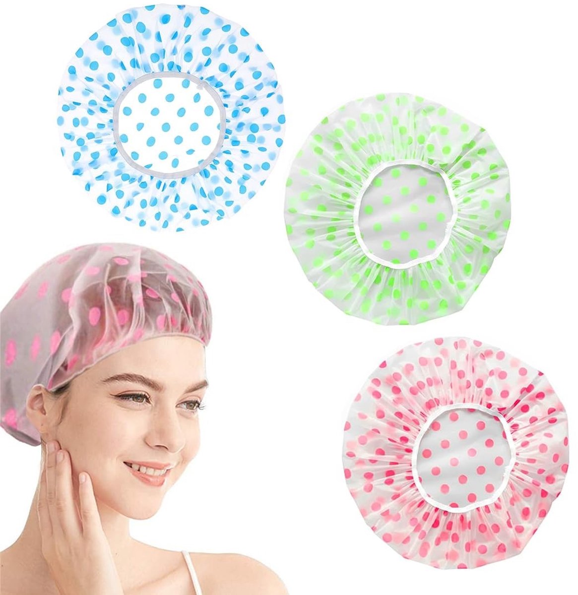 Dailygoody - Douchekap - Waterdichte badmuts - Herbruikbaar en elastisch - Blauw, groen en roze - Geschikt voor vrouwen en meisjes - 3-delig model