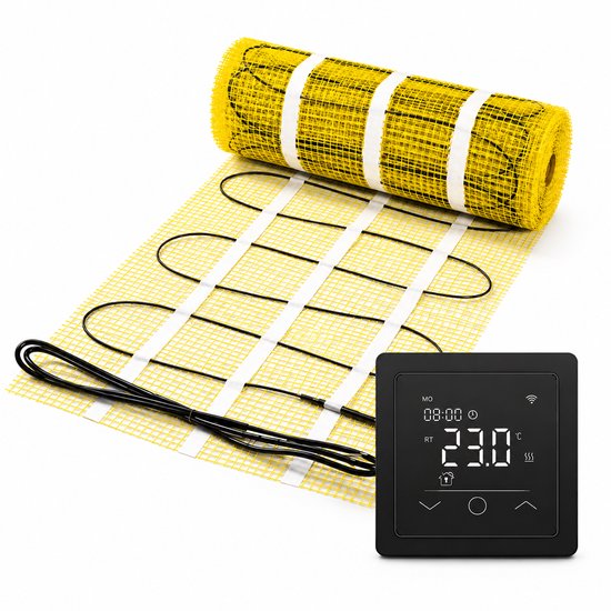 Verwarmingsmat met geel raster en zwarte kabels, naast een zwarte slimme thermostaat met digitaal display (23.0°C).