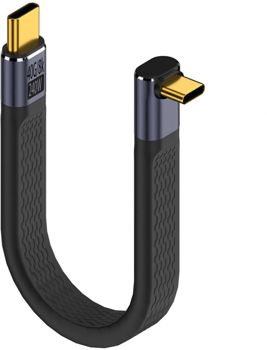 USB 4.0 C naar 90° Plug Kabel - 40Gbps, 240W Snellader, 13cm