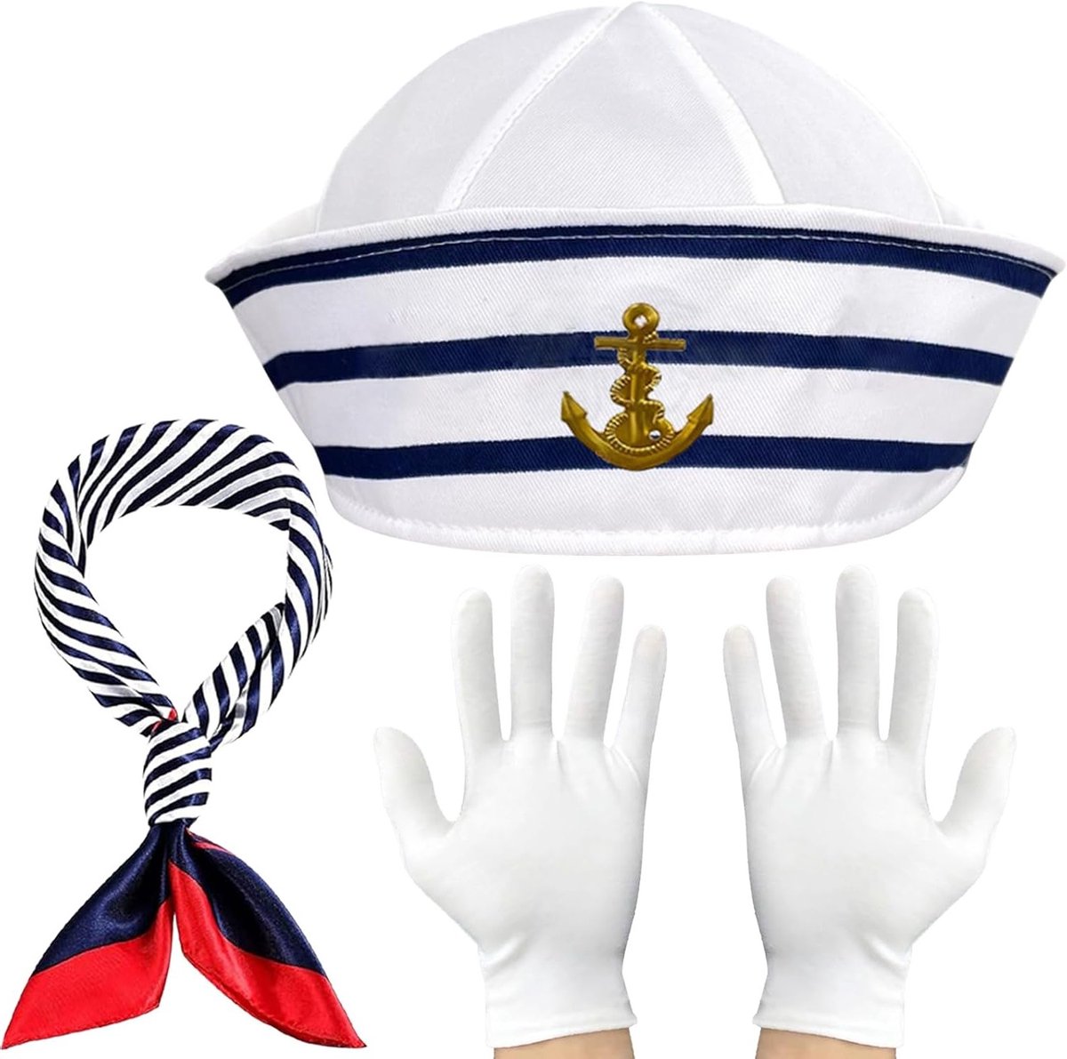 Blauw-wit gestreept zeeman kostuum met hoed, zijden sjaals en handschoenen voor volwassenen en kinderen, perfect voor verkleedpartijen, carnaval en themafeesten
