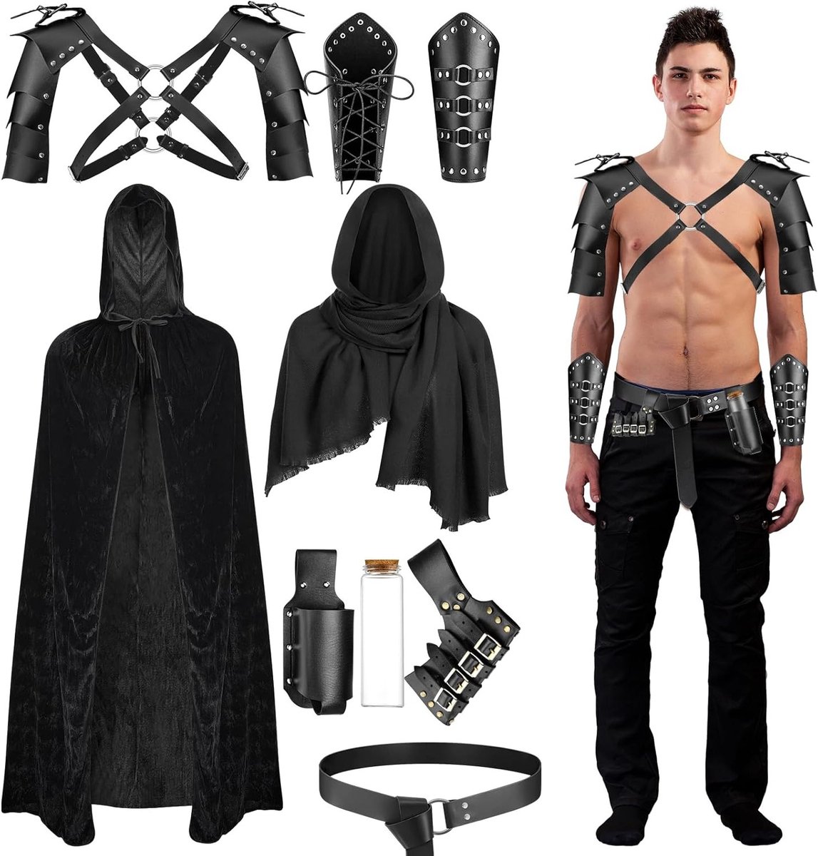 9-delige Middeleeuwse Ridder Kostuum voor Mannen met Kapmantel, Retro Sjaal, PU Leren Riem, Schouderpantser, Buckle, Bracers en Zwaardhouder voor Halloween en Themafeesten