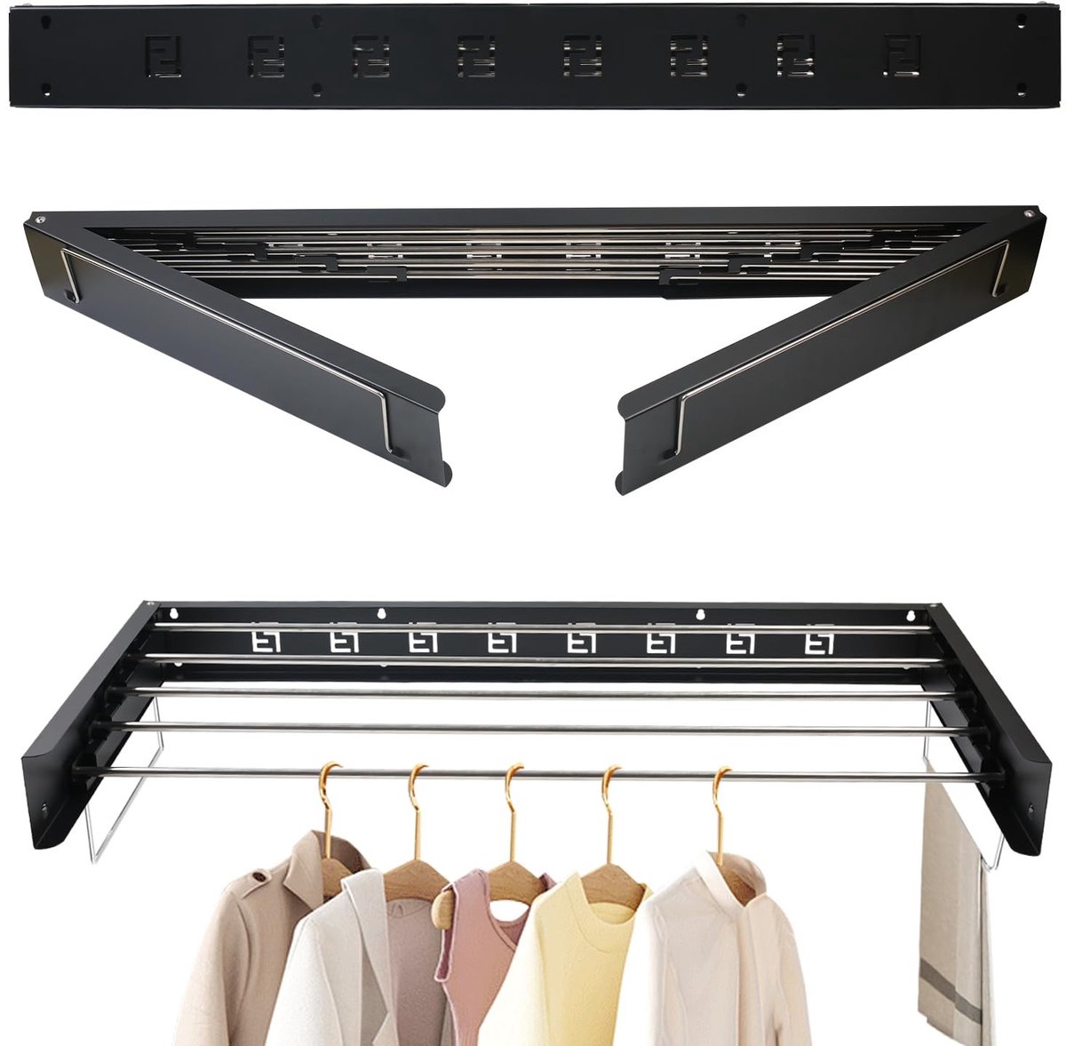 Dailygoody - Droogrek - Uittrekbaar - Ruimtebesparende wandmontage - Zwart - Wasdroger - Voor binnen en buiten - 80 cm