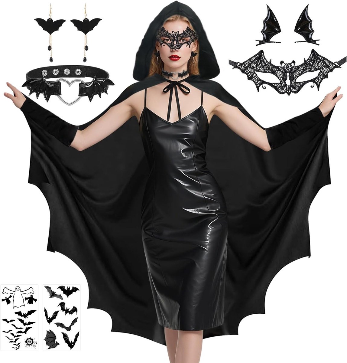 Zwarte vleermuis kostuumset voor vrouwen - Halloween outfit met cape, masker, haarclips en ketting voor carnaval en feestjes