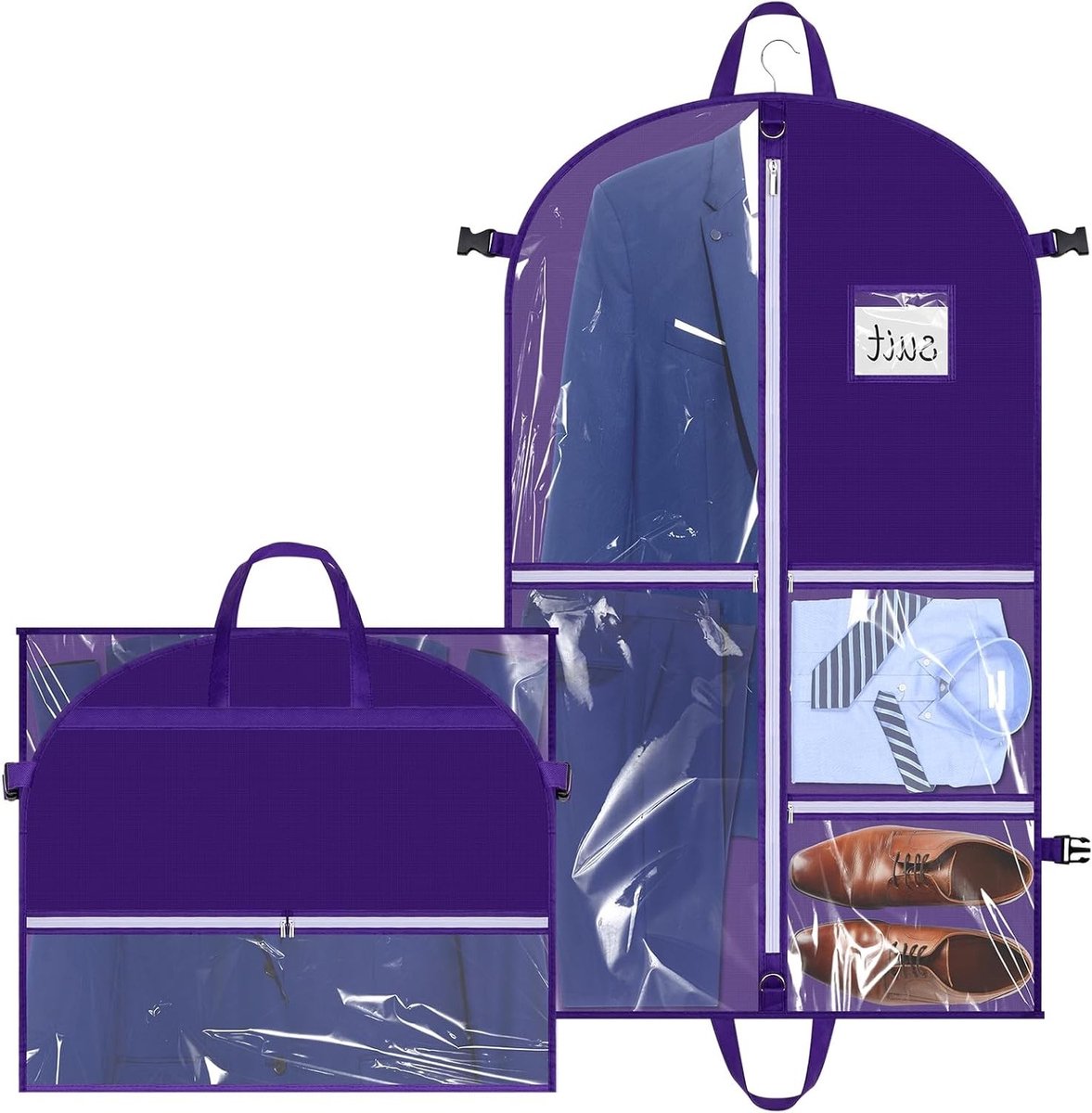 Danskostuumtas met Compartimenten, 110 x 60 cm, Vouwbare Tas voor Danskleding, Reiszak met 5 Doorzichtige Ritsvakken, Waterdichte Kostuumhoes, Draagtas voor Jurken en Jacks (Paars)