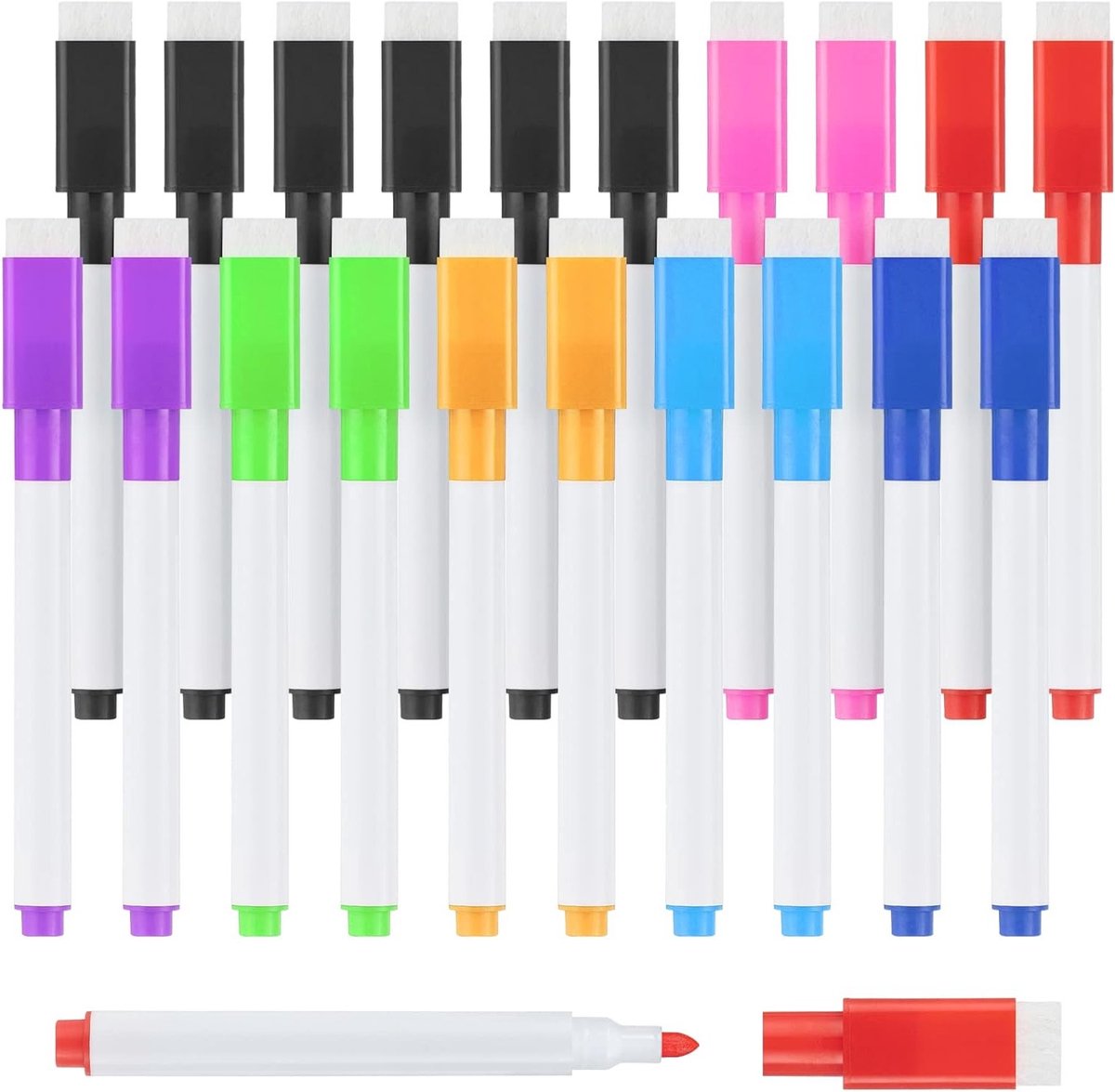 20 Stuks Whiteboard Markers met Gum en Magnetische Zuigkracht - Wasbare Drooguitwisbare Stiften voor Kantoor, School en Thuis (Multicolor)