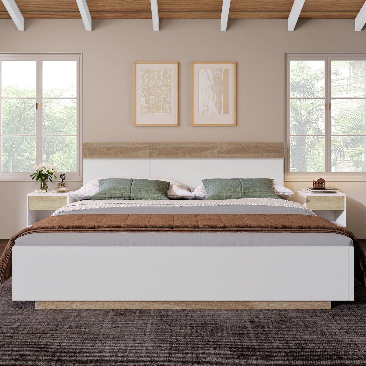 VVBV Tweepersoonsbed 160x200 / Opbergbed – met Opbergruimte, Lattenbodem – Hoofdbord – Wit – Zonder Matras – met Hoofdbord en Lattenbodem