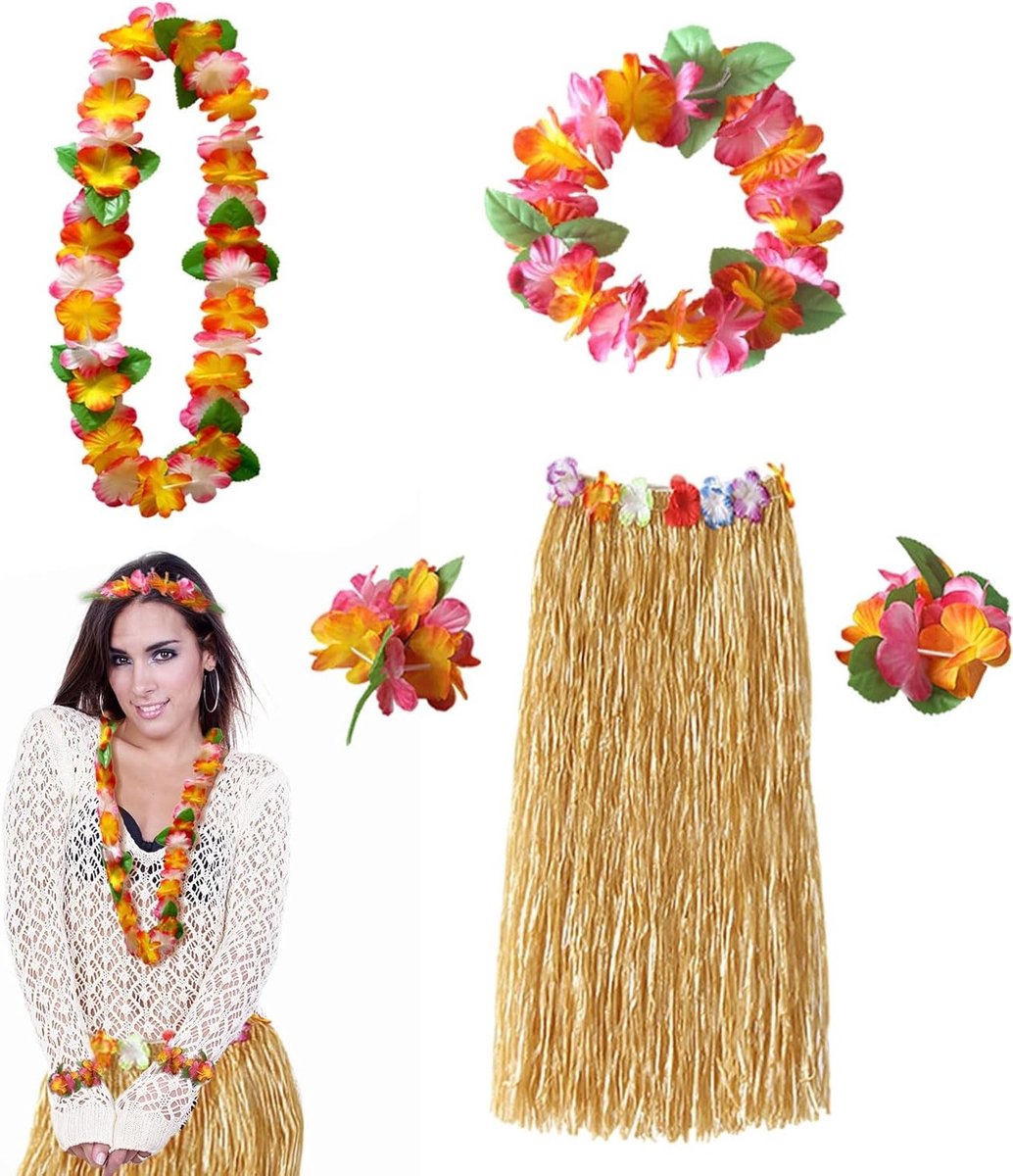 Hawaiiaanse Hula Rok Kostuum Set met Garlands en Grasrok voor Volwassenen - Perfect voor Tropische Luau Feestjes en Carnaval Accessoires