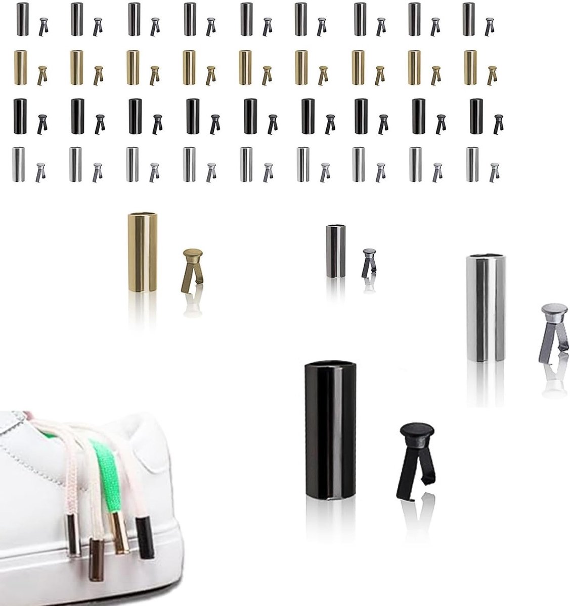 48 Stuks Koord Einden van Metaal - Set in 4 Kleuren voor Schoenen en Kleding | Zink Legering | Inclusief Stopper en Kapkoppen