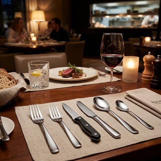 Zilveren bestek op een tafel in een restaurant, met gedimd licht en een glas rode wijn.