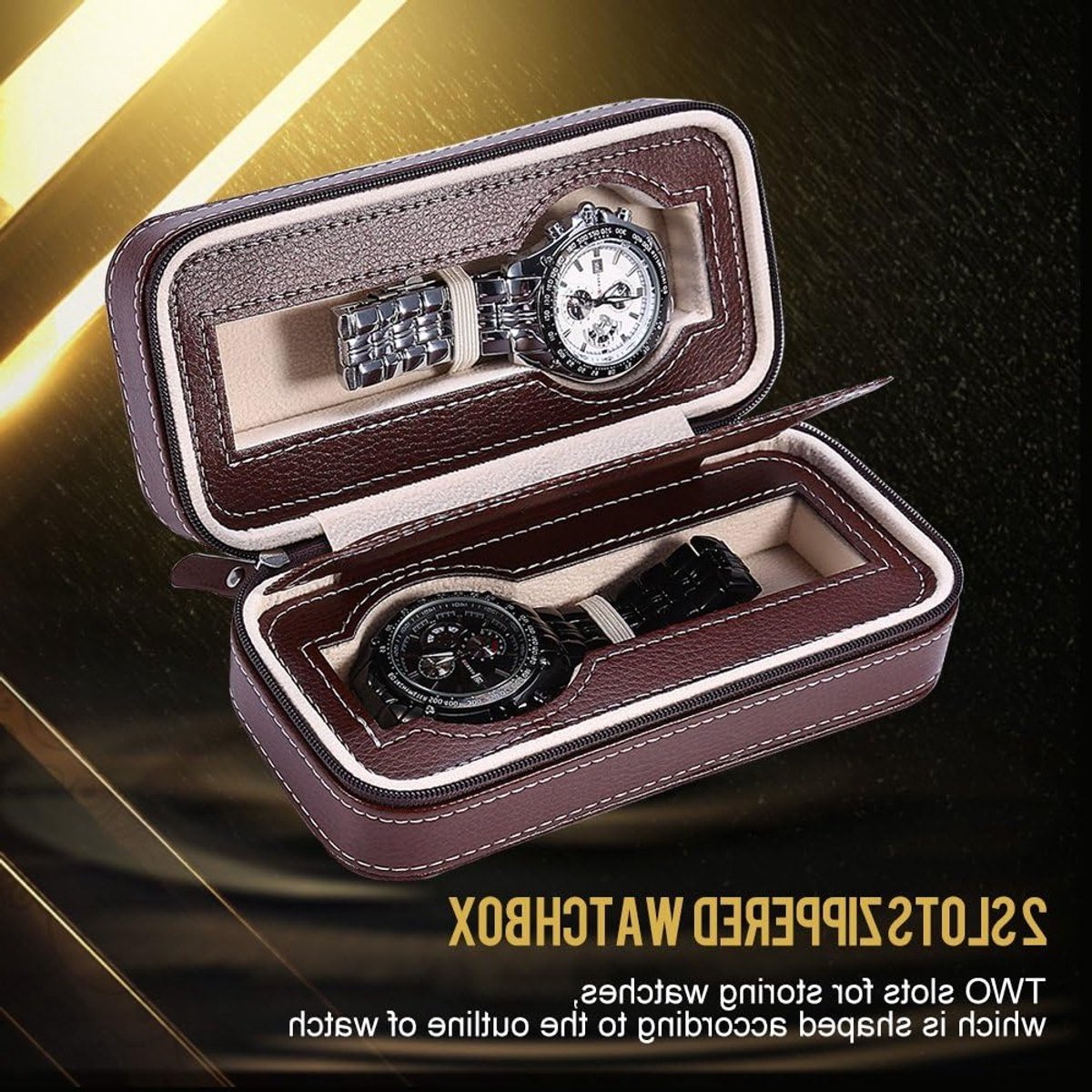 Draagbare Horloge Organizer met 2 Compartimenten, Luxe Reisdoos voor Horloges en Sieraden, Faux Leer met Rits