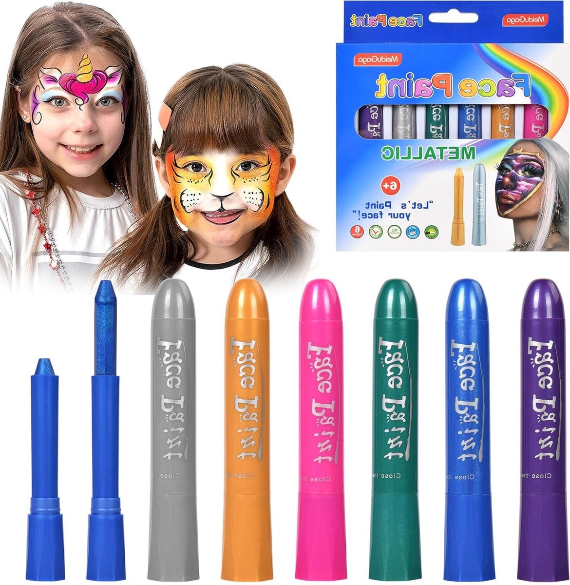 Kleurige gezichtsschildering set voor kinderen, 6 veilige en niet-giftige krijtjes voor Halloween en feestelijke make-up, ideaal voor creatief lichaamsverven