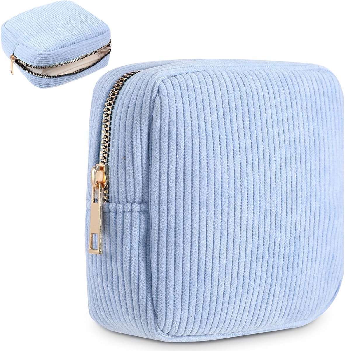 Kleine reis-make-uptas van geribbeld fluweel met ritssluiting voor maandverband, draagbaar en stijlvol, ideaal voor meisjes en vrouwen, Blauw, Klassiek
