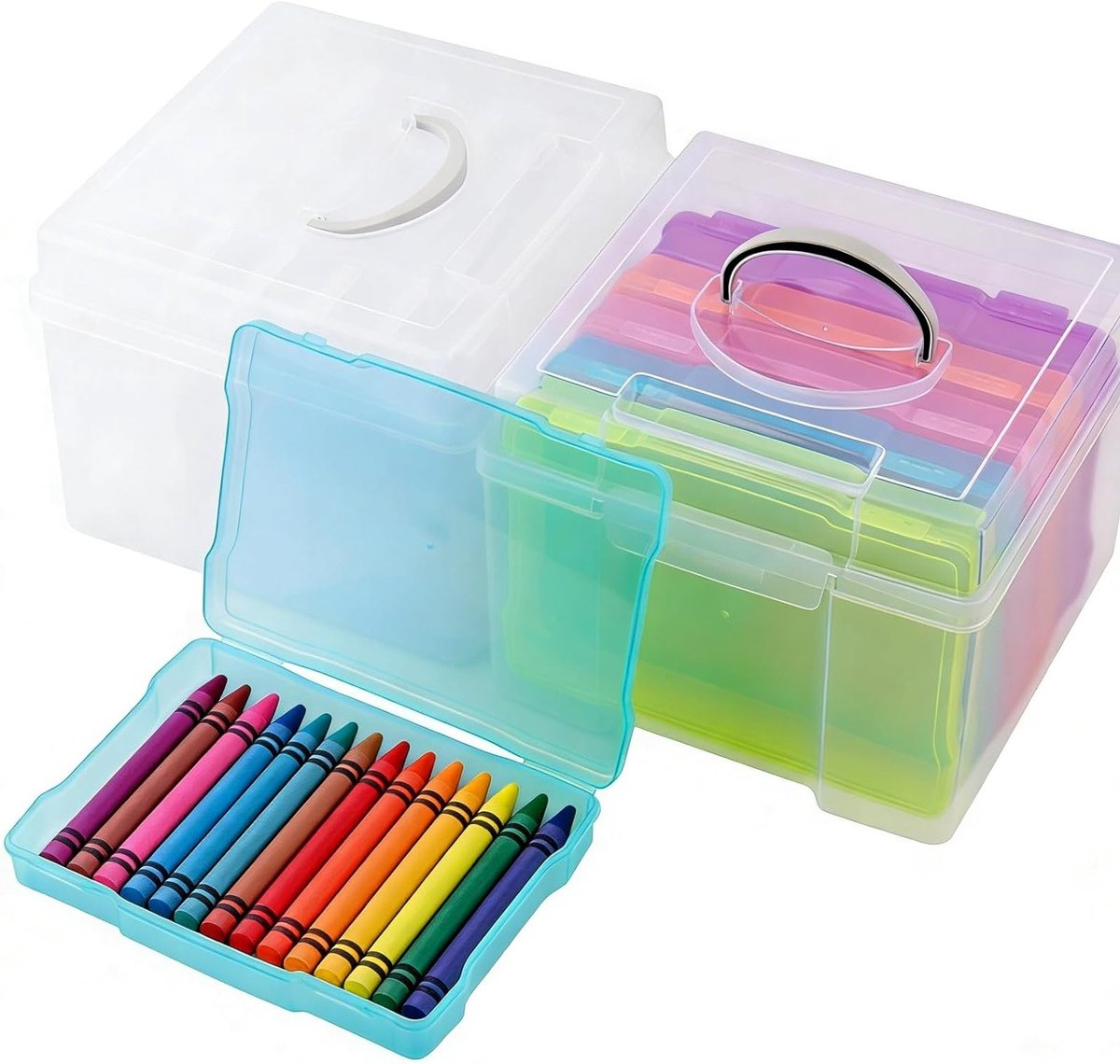 Foto-opbergdozen Set van 2, 13.7 x 17.5 cm, met 12 Doorzichtige en Gekleurde Fotohoezen, Ideaal voor Foto's, Kaarten en Stempels