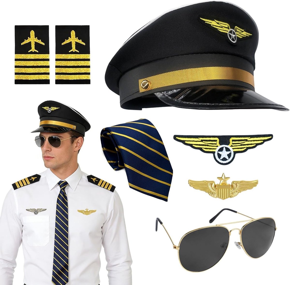 Complete Set van 7 Stuks Piloot Captain Hoed Kostuum Accessoires voor Halloween en Cosplay, Inclusief Aviator Hoed, Badges, Bril en Krawat voor Feestelijke Kleding