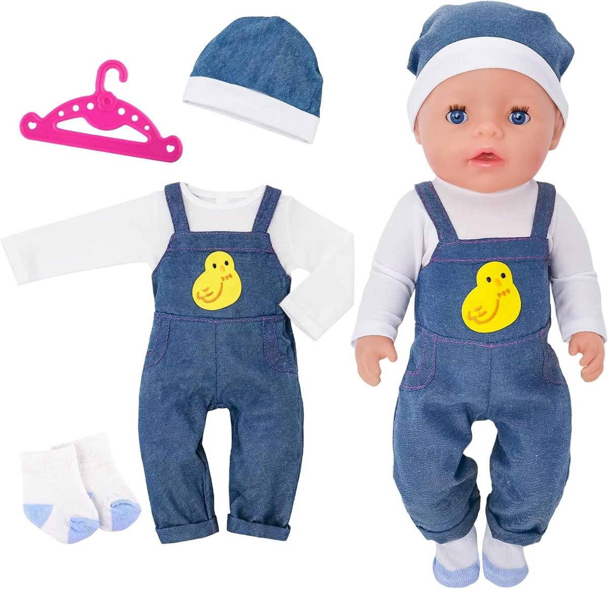 Kleding voor baby poppen 35-43 cm, 4-delige set met tuinbroek, hoed, sokken en kleerhanger met eendmotief