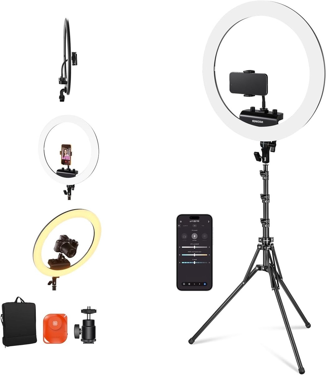 Professionele Ringlamp met Statief en Telefoonhouder, 18 Inch, 45W, Dimbaar Licht voor Make-up, Live Stream en TikTok Gebruik