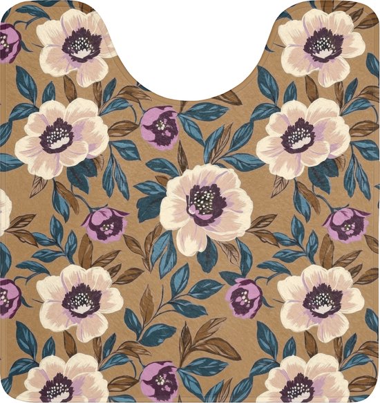 WC-mat met uitsparing en bloemenprint in bruin, crème, paars en blauw.