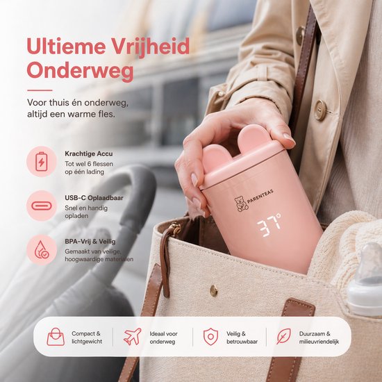 Parenteas Flessenverwarmer PRO Roze - Flessenwarmer - Onderweg - Draadloos - Draagbaar - Oplaadbare - USB - Baby Flessen - 4 Temperatuurniveaus - USB-C - Inclusief Adapters - Nachtgebruik - Roze Verwarmer van Merkloos — afbeelding 5